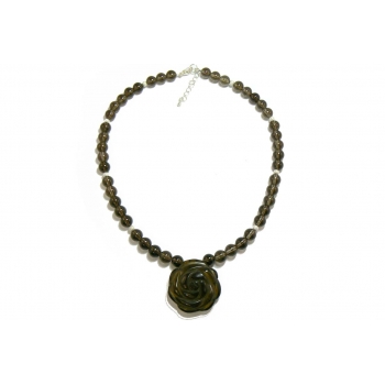 Smoky Quartz Beaded Necklace with Rose Carved Pendant